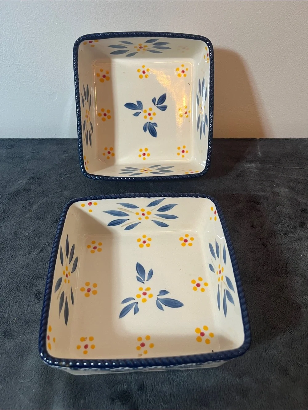 Temptations Temp-Tations Old World  Blue  Yellow Square Ceramic Serving Bowls 2